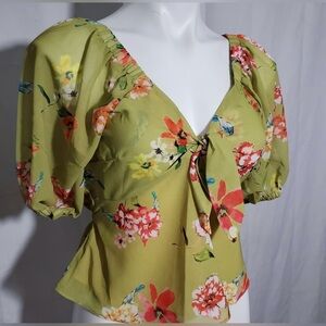 NWT Essue Green Puff Sleeve Blouse with Tie Front